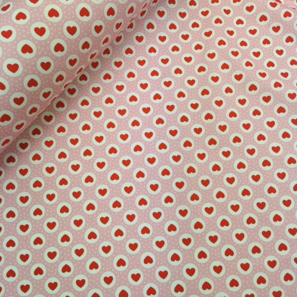 100% Cotton - Red Hearts on Baby Pink